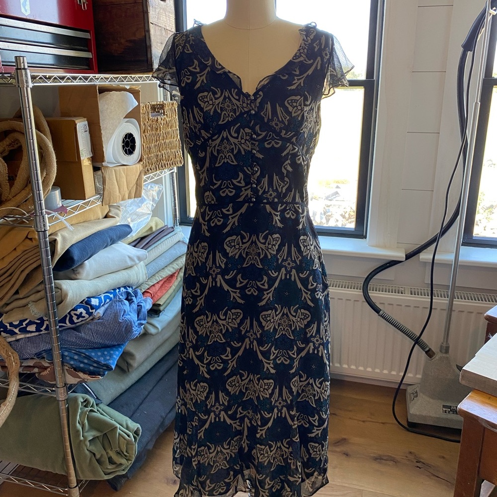 LOFT Navy and Cream Midi Dress